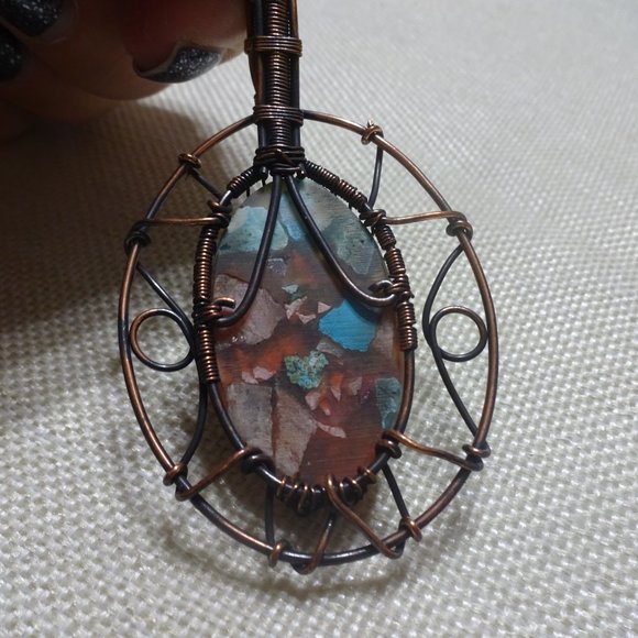 Rustic "OYSTER TURQUOISE" WIRE-WRAPPED TREE Handmade Copper Pendant/Chain #479B - Picture 3 of 3